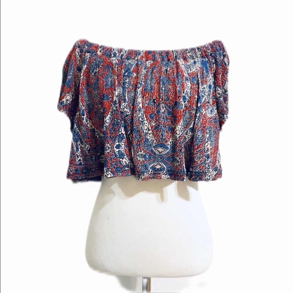 Forever 21 Cropped Gauzy Off Shoulder Top Red Blue White